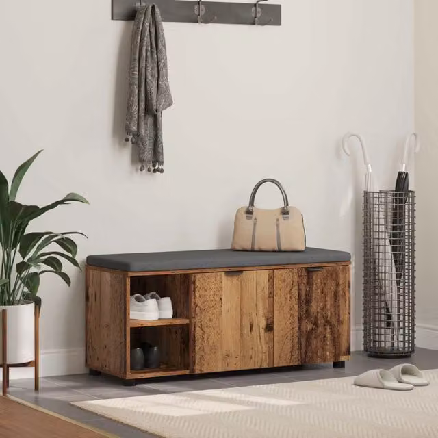 Panca per ingresso con scarpiera e cuscino vidaXL in legno e tessuto marrone L 100 x P 38 x H 46 cm – 1