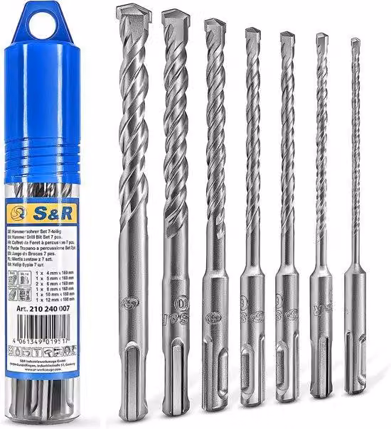 Set di punte da trapano SDS-Plus Unyqoos®, 7 pezzi. Qualità industriale, doppia elica, punta in metallo duro, dimensioni 4-5-2 x 6-8-10-12 mm x 160 mm, per cemento/pietra/granito, confezione in scatola
