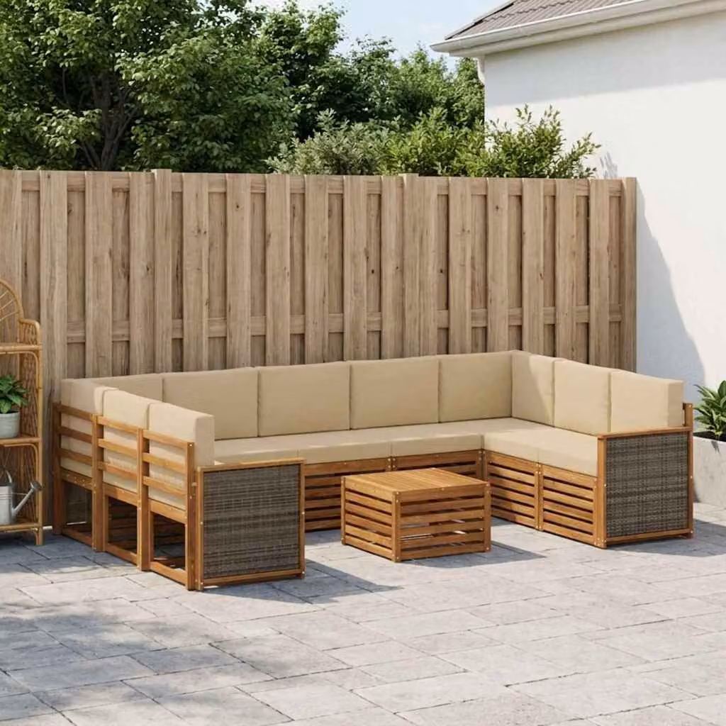 Set di divani da esterno vidaXL 10 pezzi in legno di acacia con cuscini e tavolino da giardino, forma a L, colore beige e marrone