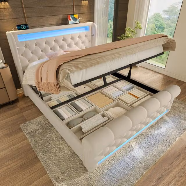 Letto contenitore 160 x 200 cm con USB/Type-C e LED, matrimoniale in velluto con contenitore idraulico e testiera con contenitore, beige, stabile