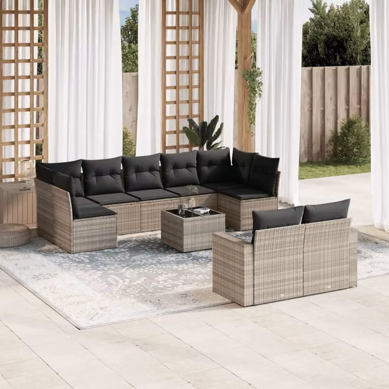 vidaXL Set Divano da Giardino 10 Pezzi in Polyrattan Grigio con Cuscini e Tavolino
