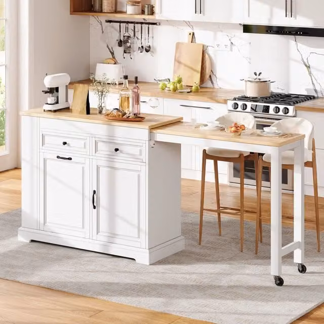 Isola cucina estensibile con ruote e scomparto pattumiera in MDF bianco, L: 112-180 cm, P: 45 cm, H: 92 cm
