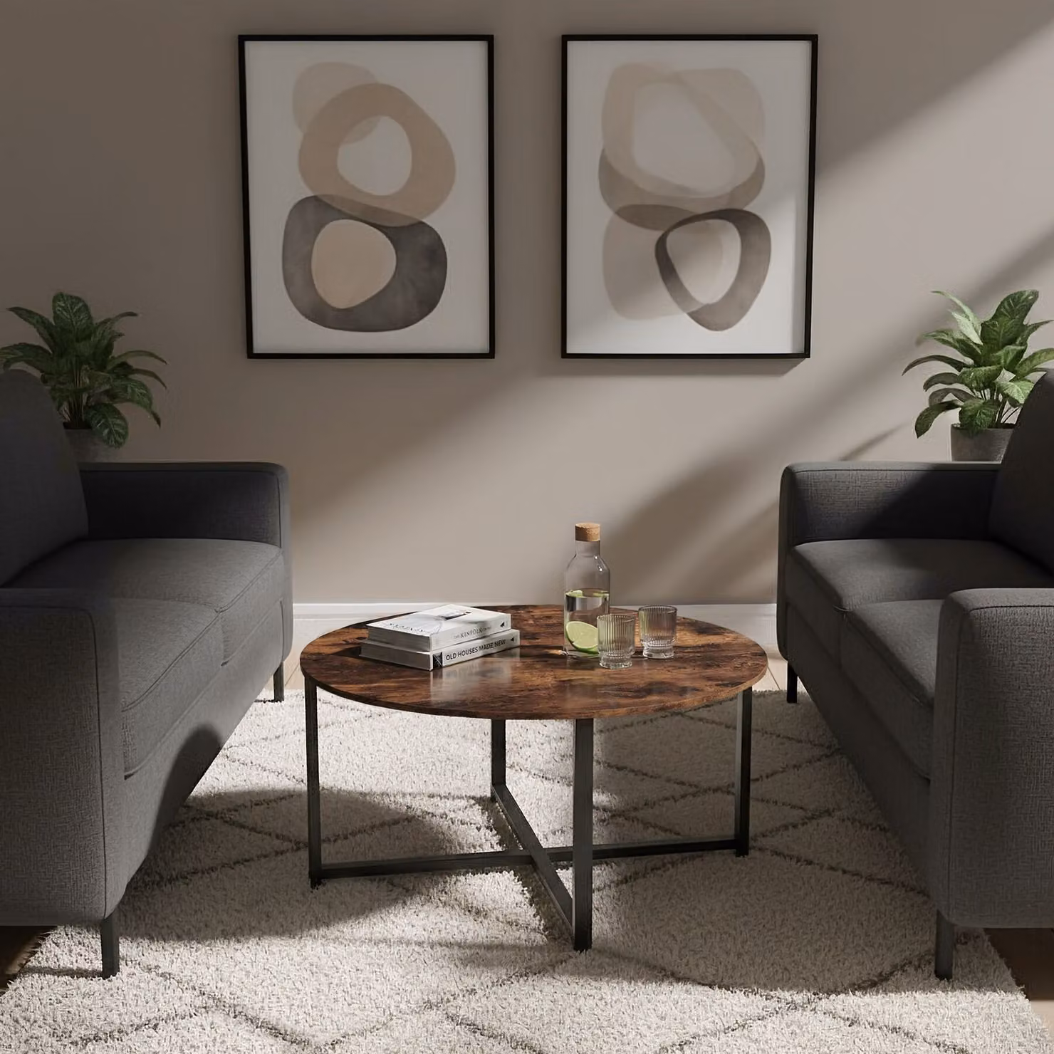 Tavolino da salotto rotondo Tectake in stile industriale con finitura opaca marrone e nero, L/P/H: 88,5 x 47 x 150 cm – 2