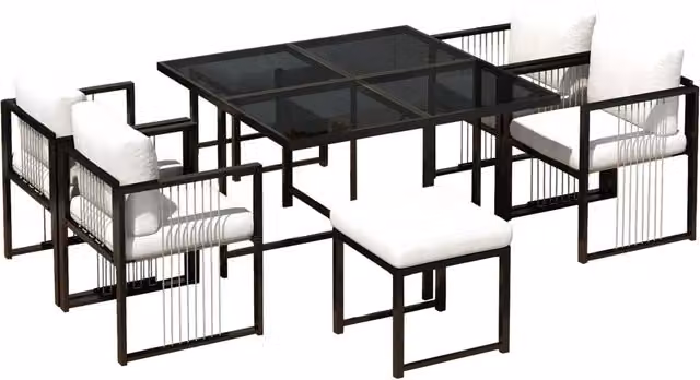 Set tavolo e sedie da giardino 1 tavolo, 4 poltrone e 2 poggiapiedi per 6 persone, metallo vetro poliestere nero bianco