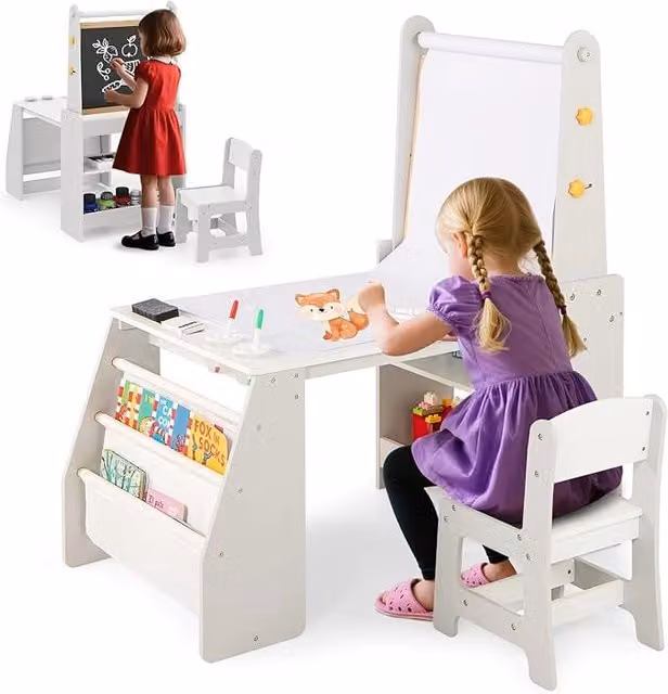 Set Tavolo e Sedia per Bambini COSTWAY con Lavagna Bianca, Rotolo di Carta, 2 Ripiani Aperti e Libreria a 2 Ripiani, Grigio e Bianco
