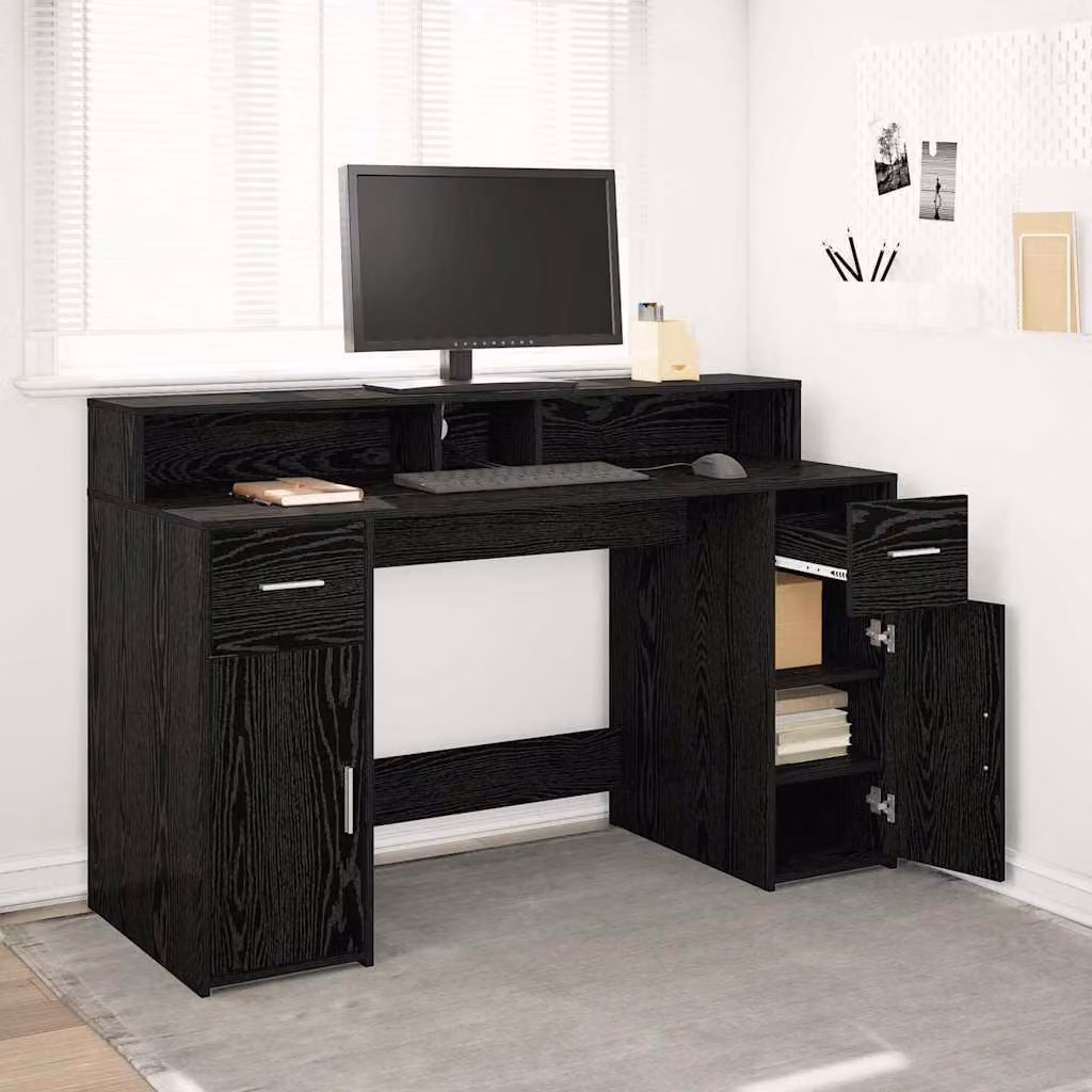 Scrivania – Postazione di lavoro – Tavolo per laptop – Scrivania per computer – Scrivania da studio – Impiallacciatura in rovere nero – Illuminazione LED RGB