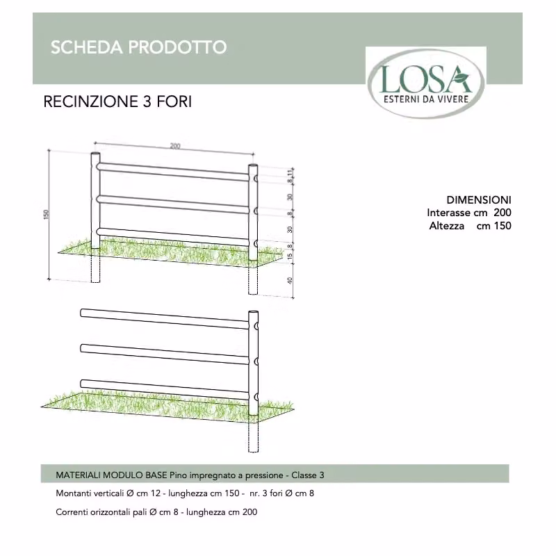 Set di 20 recinzioni in legno marrone impregnato per giardino con 3 fori, Lunghezza: 200 cm, Esterni da Vivere – 2