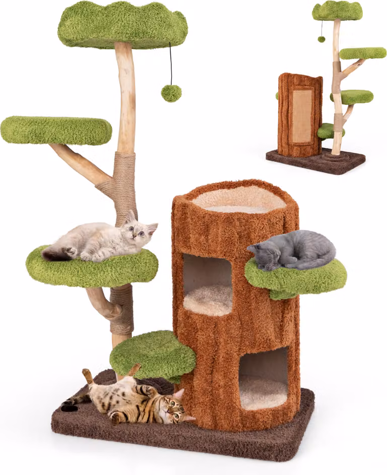 Tiragraffi COSTWAY, albero per gatti con grotta a due piani a forma di buco d'albero, colonna di iuta, aree per sdraiarsi, palla e tiragraffi, torre per gatti 80x50x141cm