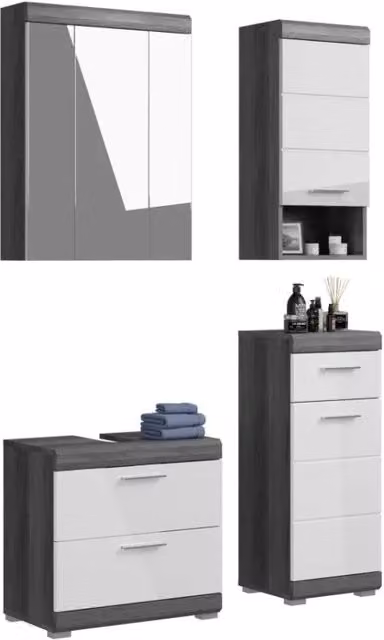 Set bagno SCOTT – Mobile sotto lavabo, colonna e specchio con vano contenitore