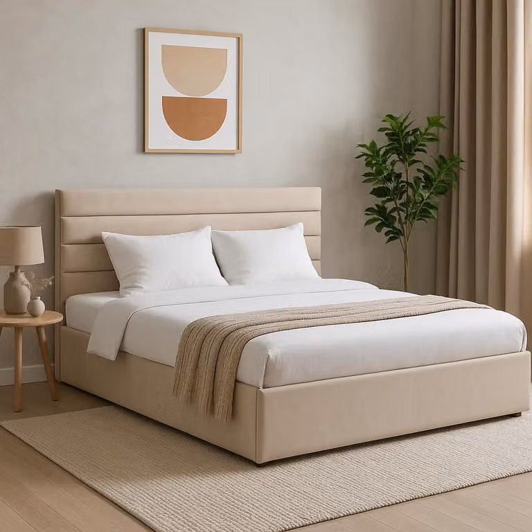 GUTTO Letto imbottito 140x200 Rete a doghe in metallo Velluto beige con contenitore e contenitore