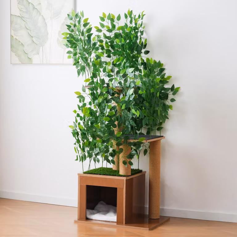 MODFU, tiragraffi per gatti a forma di albero, con struttura a tre livelli: include un lettino per il gatto e delle aperture per riposare e giocare in interni. Colore: verde