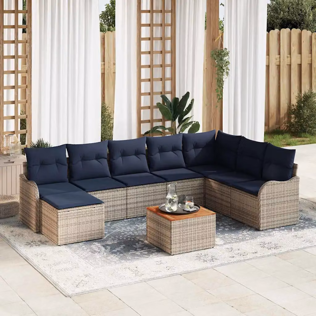 Set Divano da Giardino vidaXL 9 pz a Forma a U in Polyrattan Grigio con Cuscini e Tavolino