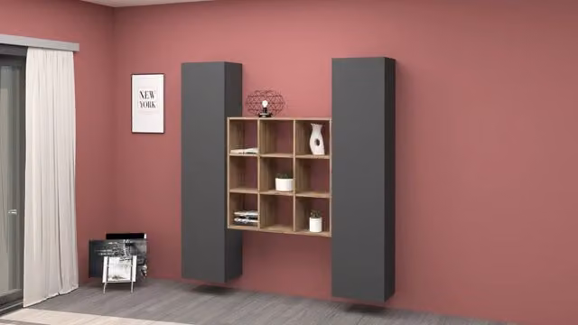 Parete attrezzata antracite sospesa 2 armadi libreria in legno moderna Pella RT