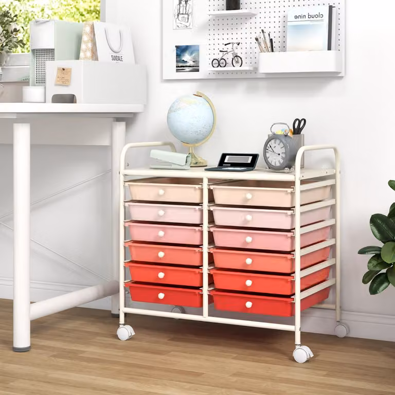 Carrello portaoggetti Costway con 12 cassetti e ampio piano di lavoro, cassettiera moderna con ruote per soggiorno e cucina, Rosa Sfumato