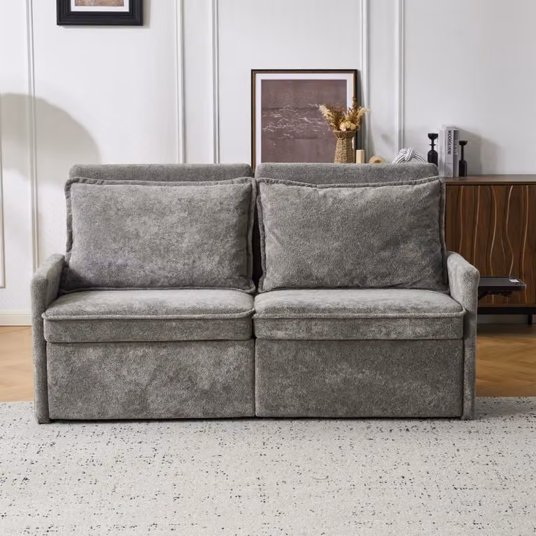 Divano letto con cuscini e porta USB, schienale regolabile in 5 posizioni, divano letto estraibile con spazio contenitore, colore grigio