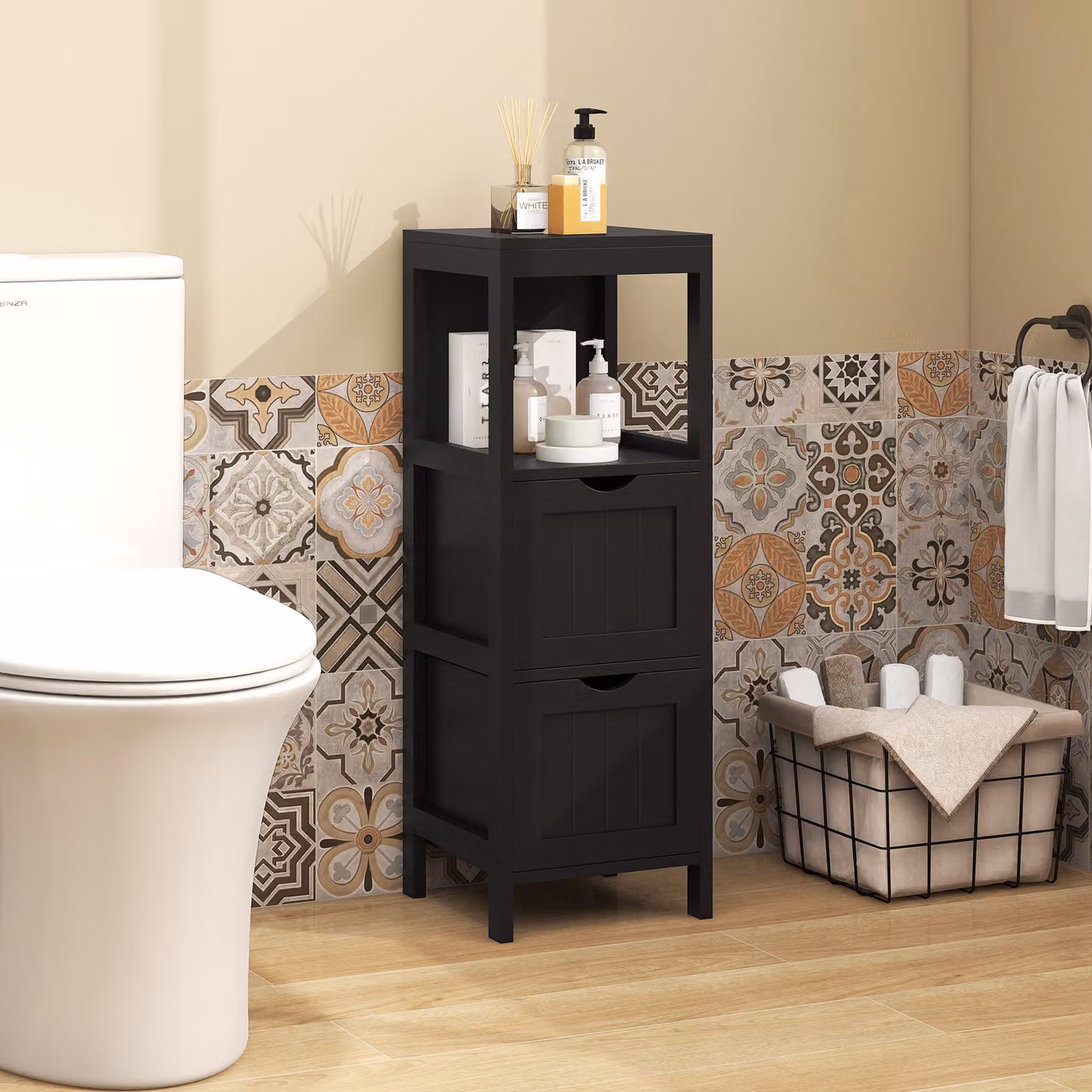 Mobiletto multiuso Costway in legno per soggiorno o bagno con 2 cassetti estraibili e vano aperto, Nero opaco