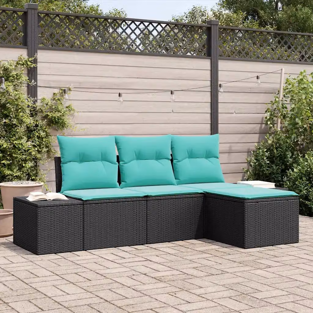 Set Divano da Giardino vidaXL 4 pz a Forma a L con Poltroncina e Cuscini, Nero e Turchese