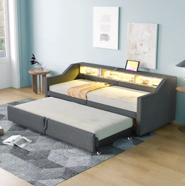 Divano letto 90/180 x 200 cm grigio scuro in lino con contenitore e USB