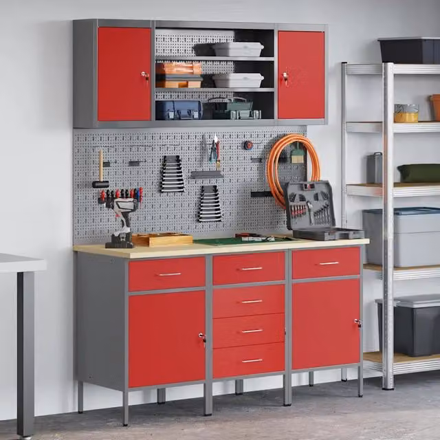 Mobile da lavoro con cassetto vidaXL 7 pz Rosso e Grigio L/P/H: 150 x 55 x 85 cm – 1