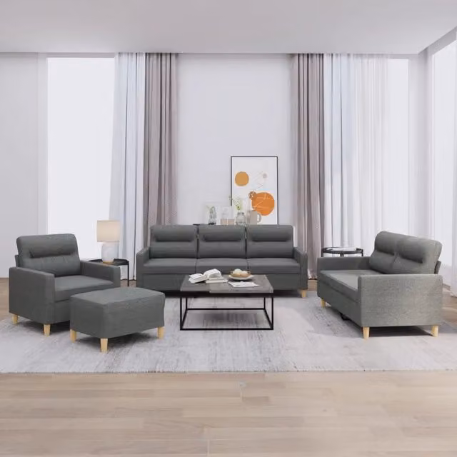 vidaXL Set di Divani Moderno 4 Pezzi in Tessuto Grigio con Cuscini e Ottoman – 1