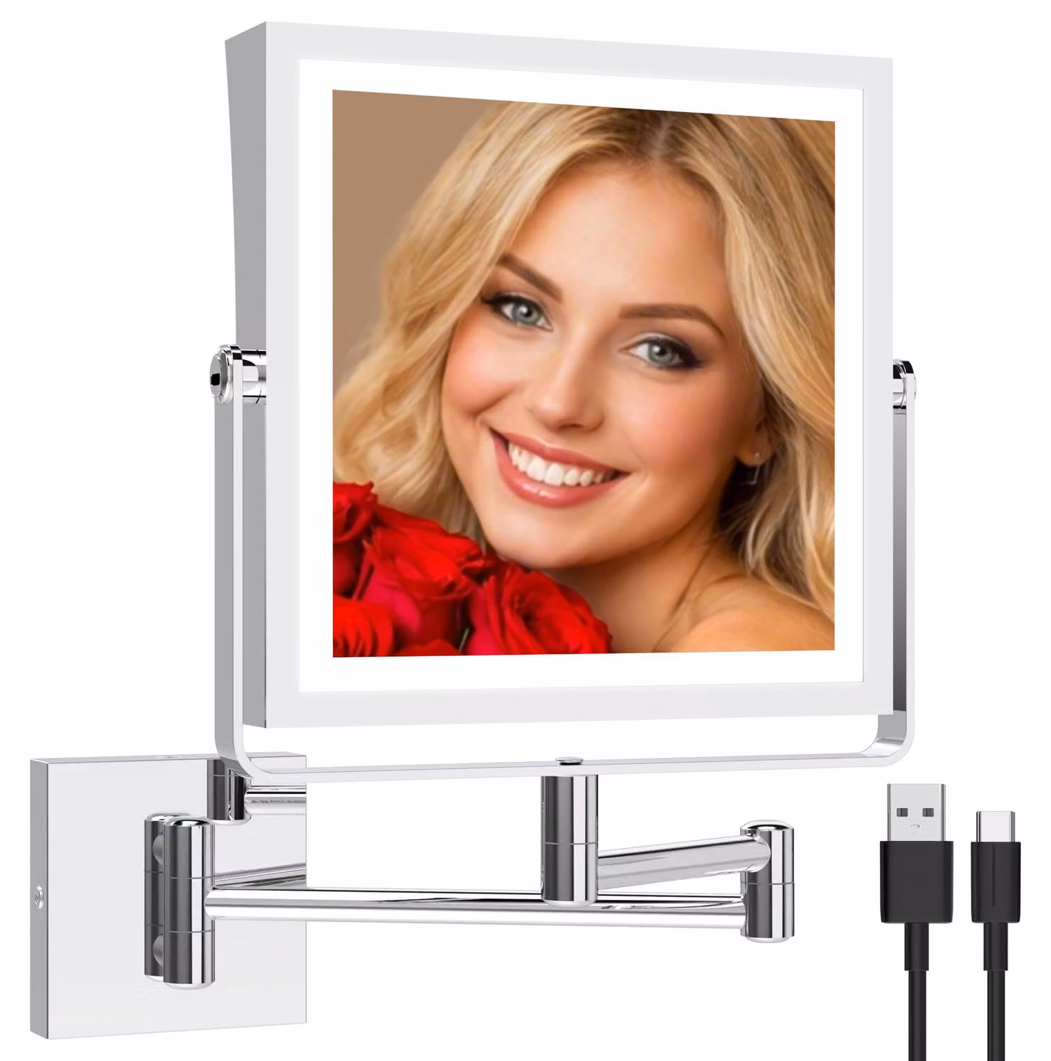Specchio da trucco a LED, con doppia superficie 1X/7X, 3 colori, dimmerabile, rotazione a 360°