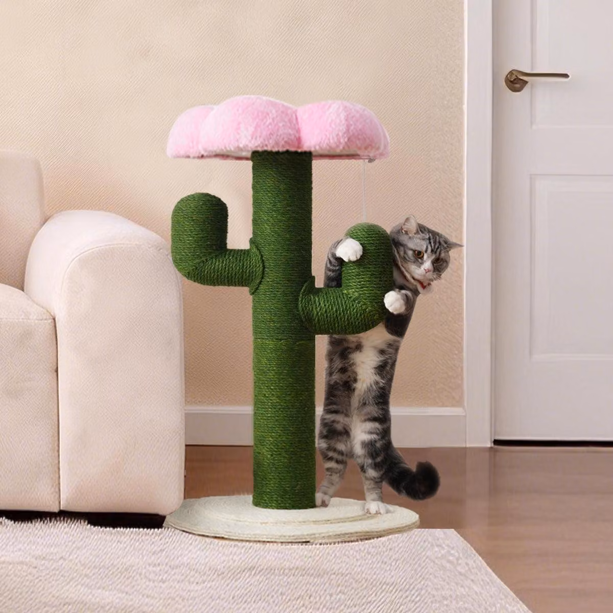 Tiragraffi a forma di cactus, 90 cm, tronchi in sisal con sistema anti-ribaltamento, verde, per appartamento