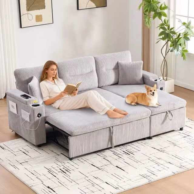 Divano letto angolare 3 posti 212;5x136x86 cm; chaise longue con sollevamento idraulico; contenitore; portabicchieri; USB-C; velluto a coste; grigio