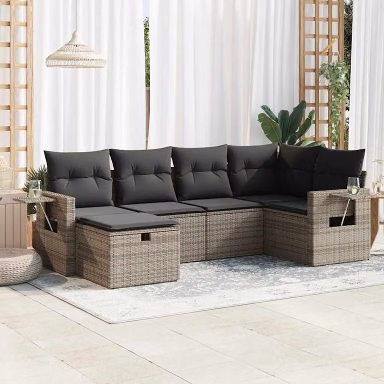 Set Divano da Giardino vidaXL 6 pz a Forma a L con Cuscini Grigio in Polyrattan e Struttura in Metallo