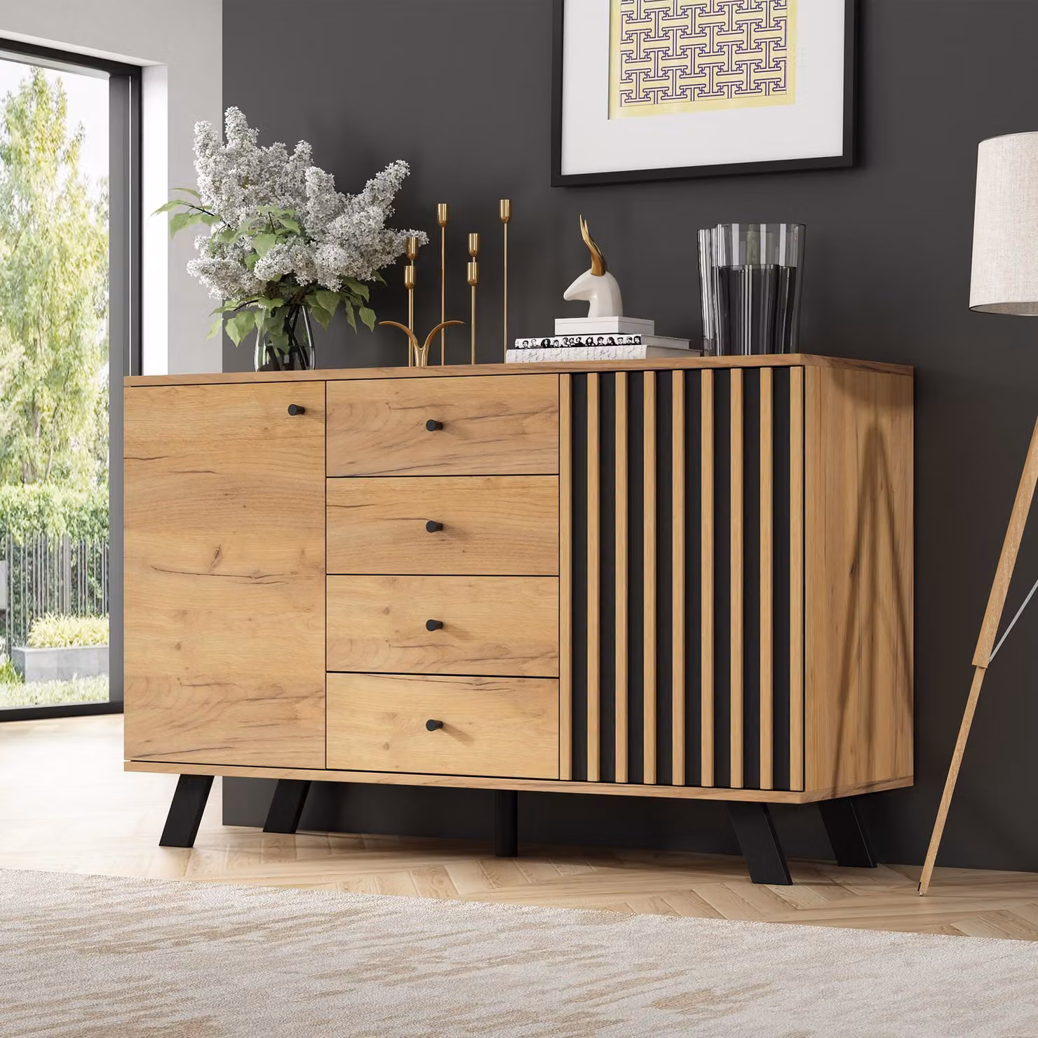 Credenza Merax 120×38×75cm con gambe in legno massiccio, cassettiera con 4 cassetti e 2 armadi, aspetto legno con accenti neri, soggiorno sala da pranzo corridoio