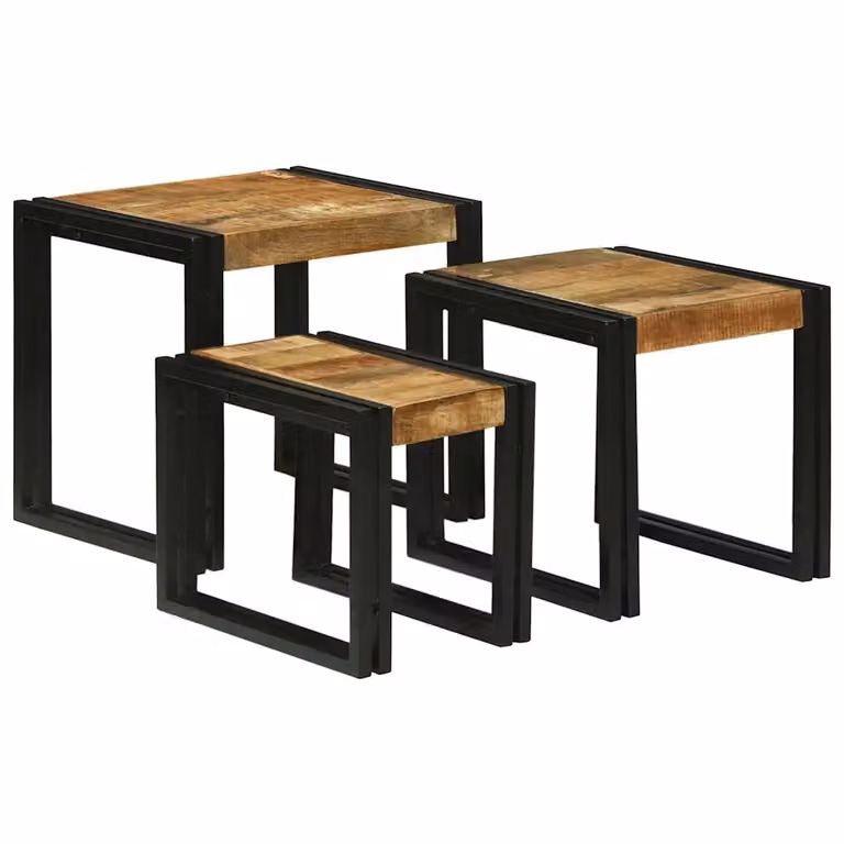Set di 3 tavolini nesting vidaXL in legno di mango e metallo, stile industriale, Marrone e Nero, L/P/H: 50 x 40 x 45 cm