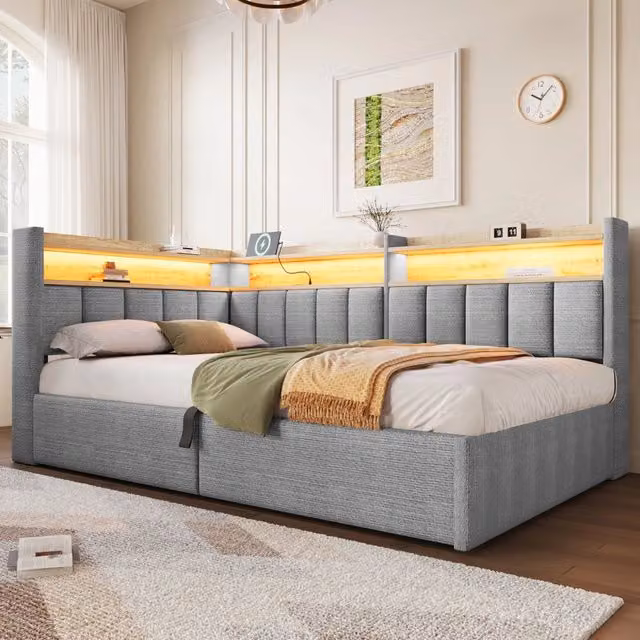 Letto contenitore 90 x 200 cm con contenitore idraulico, LED e USB-A/Type-C, letto singolo imbottito in velluto grigio con vani laterali reversibili