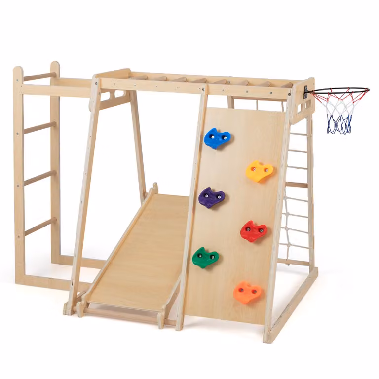 COSTWAY 171x109x110,5 cm struttura da arrampicata per interni, scala da arrampicata 6in1, corda da arrampicata, roccia da arrampicata, scivolo, barra per scimmie e canestro da basket per bambini 3+natura