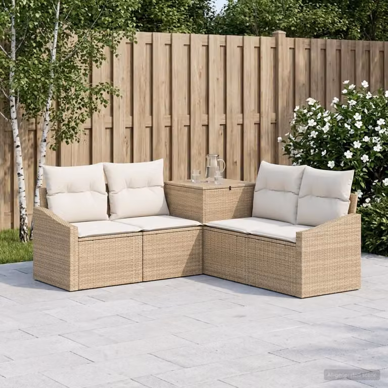 Set di divani da giardino vidaXL a forma di L in polyrattan con cuscini Beige e Bianco Crema