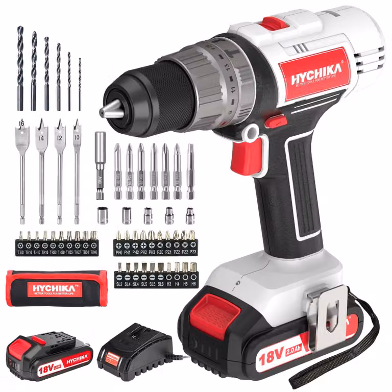 Set di avvitatori a batteria HYCHIKA da 18V, composto da un avvitatore/trapano a batteria con batteria da 2.0 Ah e un trapano a percussione