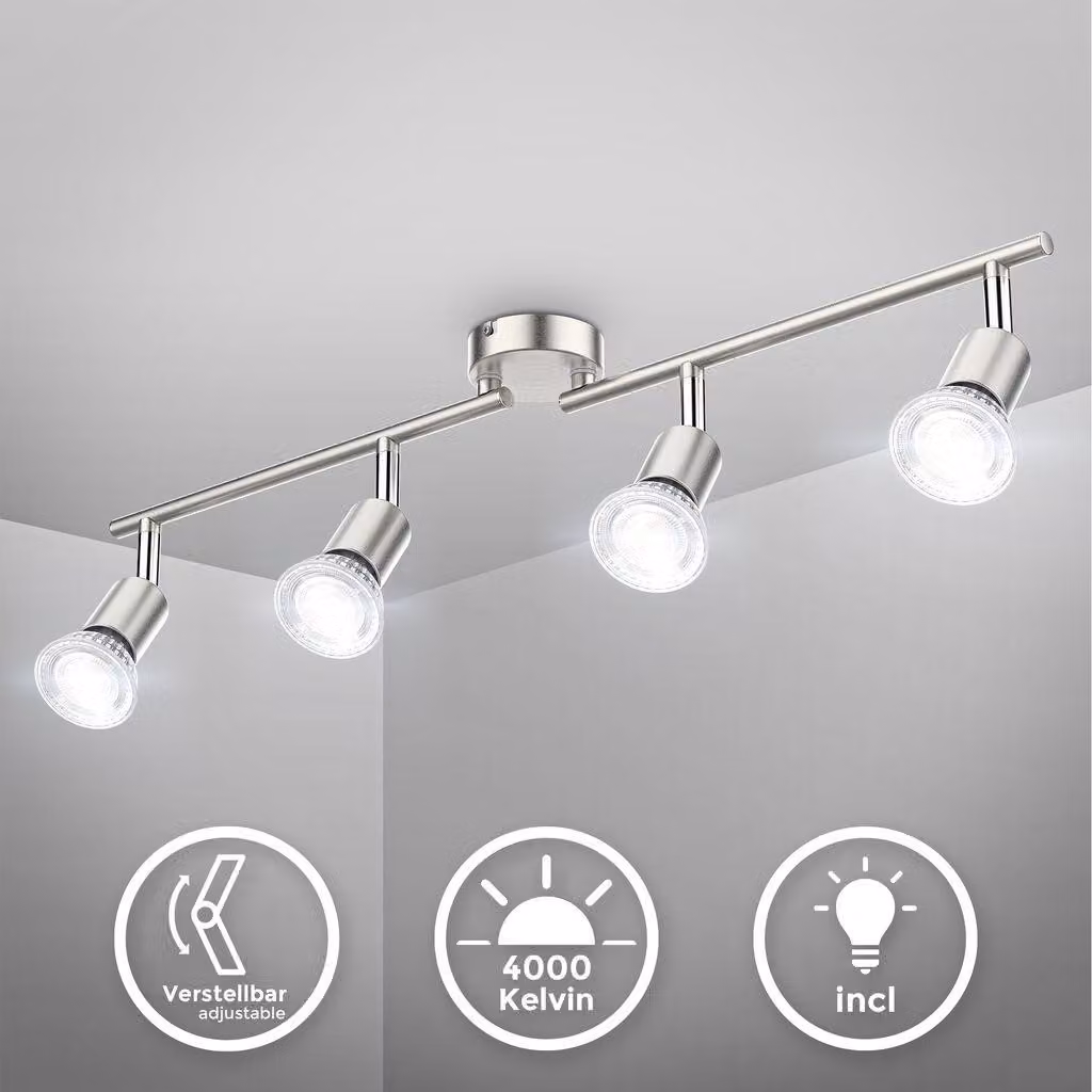 B.K.Licht Faretti LED da soffitto orientabili, include 4 lampadine GU10 da 5W 400Lm, luce bianca neutra 4000K, plafoniera moderna in metallo, lampada da soffitto color nichel opaco
