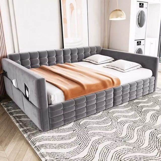 Letto divano 140 × 190 cm con tasche laterali e 2 cassetti, senza materasso, in velluto, grigio