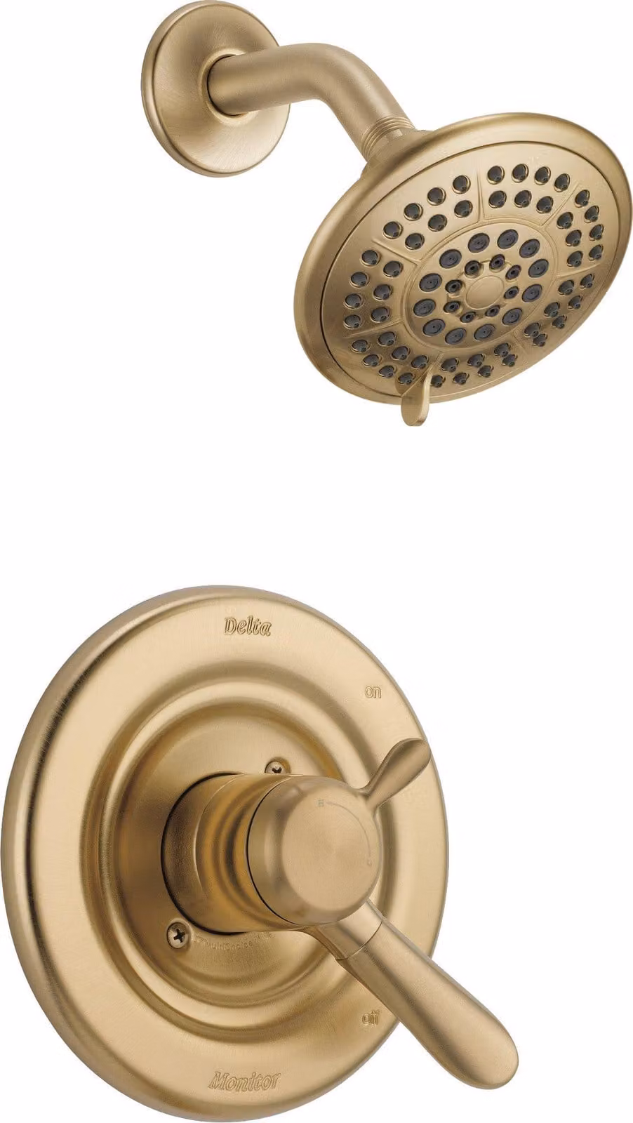 Set per doccia con soffione a 5 getti, miscelatore a due manopole, finitura bronzo champagne
