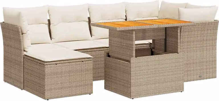 Set Divani da Giardino 7 pz con Cuscini Beige in Polyrattan