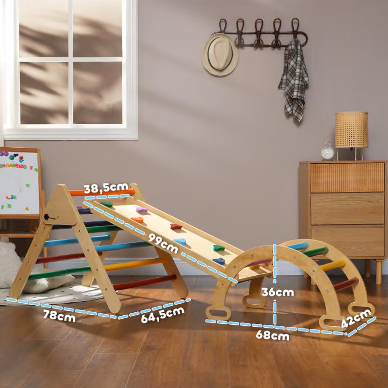 Set completo per giochi all'aperto AIYAPLAY 5-in-1, con scivolo e struttura in legno per arrampicata, da utilizzare in interni