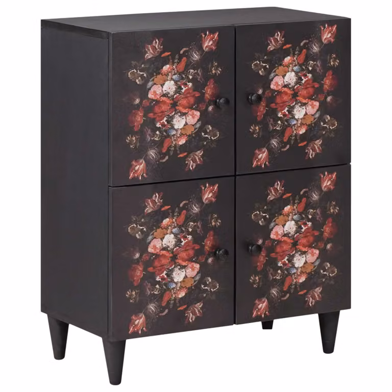Armadio di stoccaggio moderno vidaXL in legno di mango con decoro floreale, multicolore e nero, L: 60 cm, P: 33 cm, H: 75 cm
