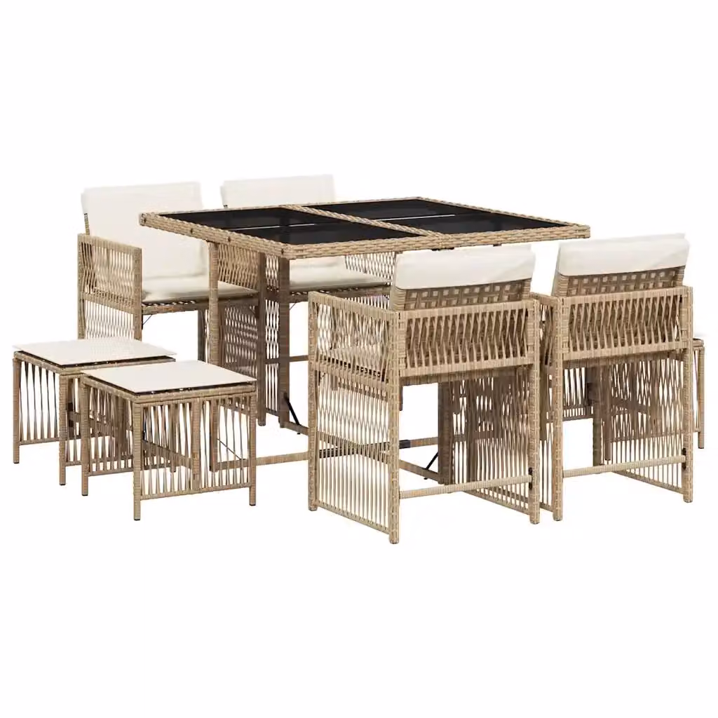 Set da Pranzo da Giardino vidaXL in Polyrattan con Cuscini Beige e Piano in Vetro, 9 Pezzi – 2