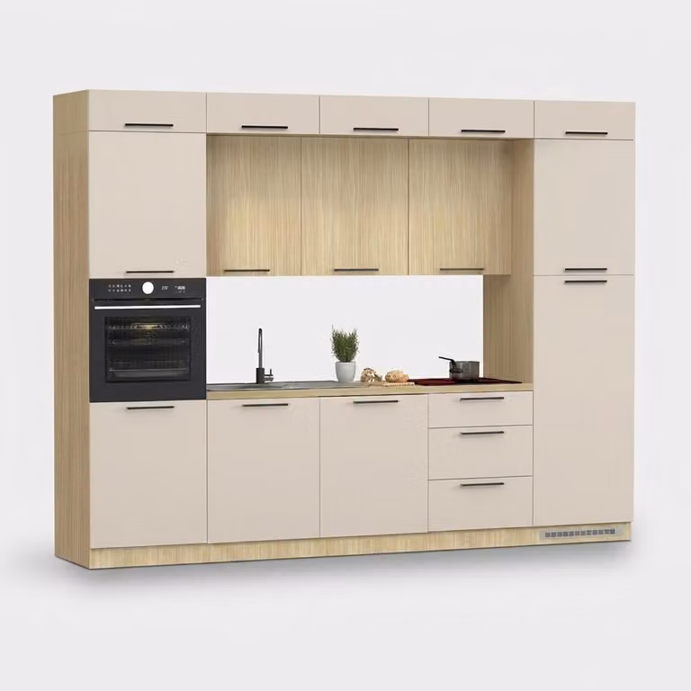 Cucina lineare moderna completa, con lavello Molven, dimensioni 300x232 cm - Beige
