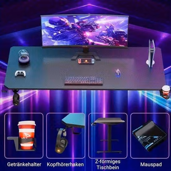 Tavolo da gaming ergonomico in fibra di carbonio, dimensioni 180x70x80 cm, completo di poggiapolsi per tastiera e supporto per cuffie