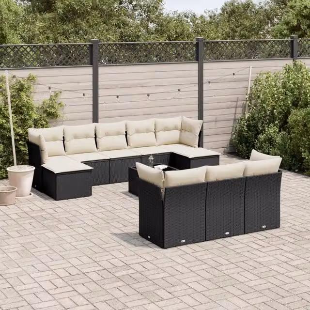 Set di divani da giardino vidaXL in polyrattan nero con cuscini, tavolino e pouf, composizione a forma di U per esterno