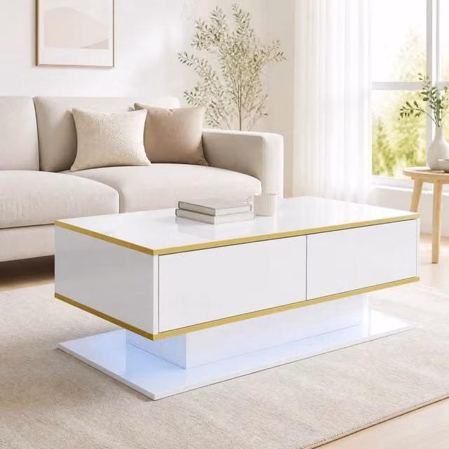 Tavolino da salotto ULEVR 100x50x40 cm con LED regolabile, 3 cassetti e vano aperto, bianco con dettagli oro