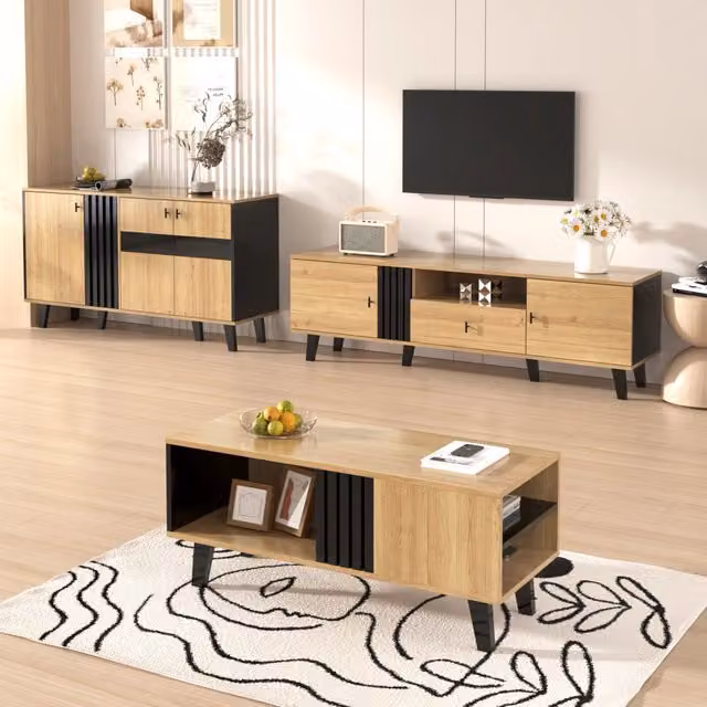 Set mobili soggiorno 3 pezzi con tavolino basso porta tv e credenza con led in vetro e pannelli truciolari nero legno