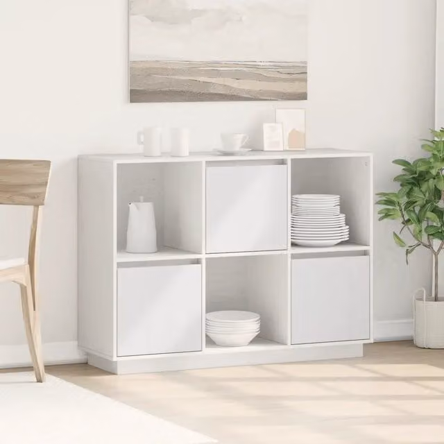 Credenza moderna vidaXL in legno massello di pino bianco L: 110,5 cm, P: 35 cm, H: 80 cm