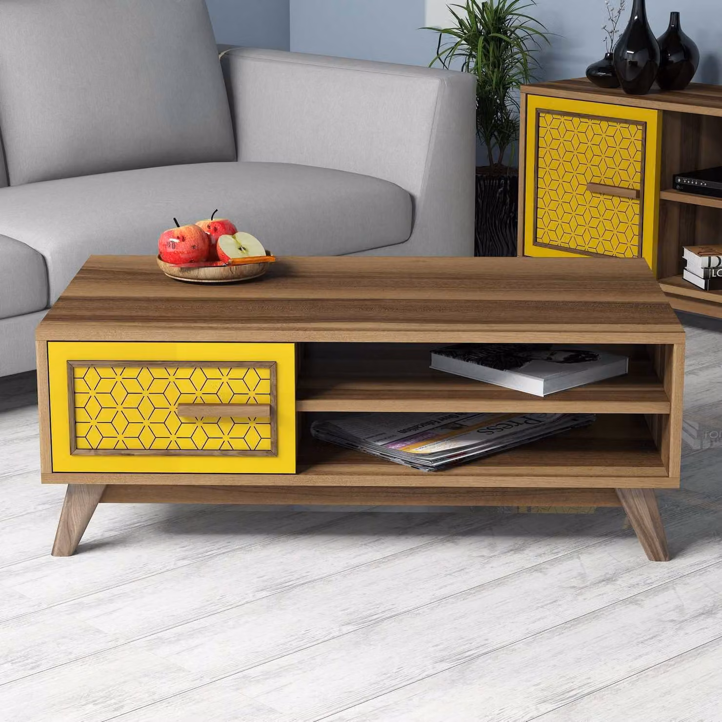 Skye Decor, Ayla - Noce, Giallo, Tavolino, Noce, 100% PANNELLI DI PARTICELLE RIVESTITI IN MELAMMINA, 105 x 60 x 38,2 cm