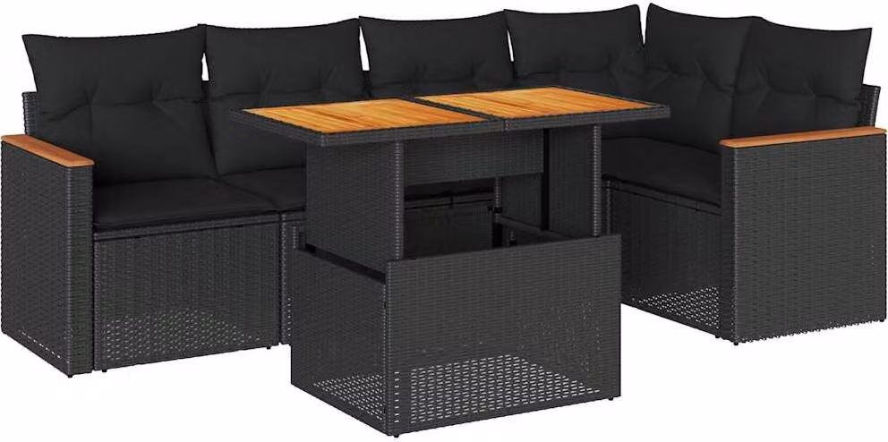 Set Divano da Giardino 6 pz con Cuscini Nero Polyrattan Acacia