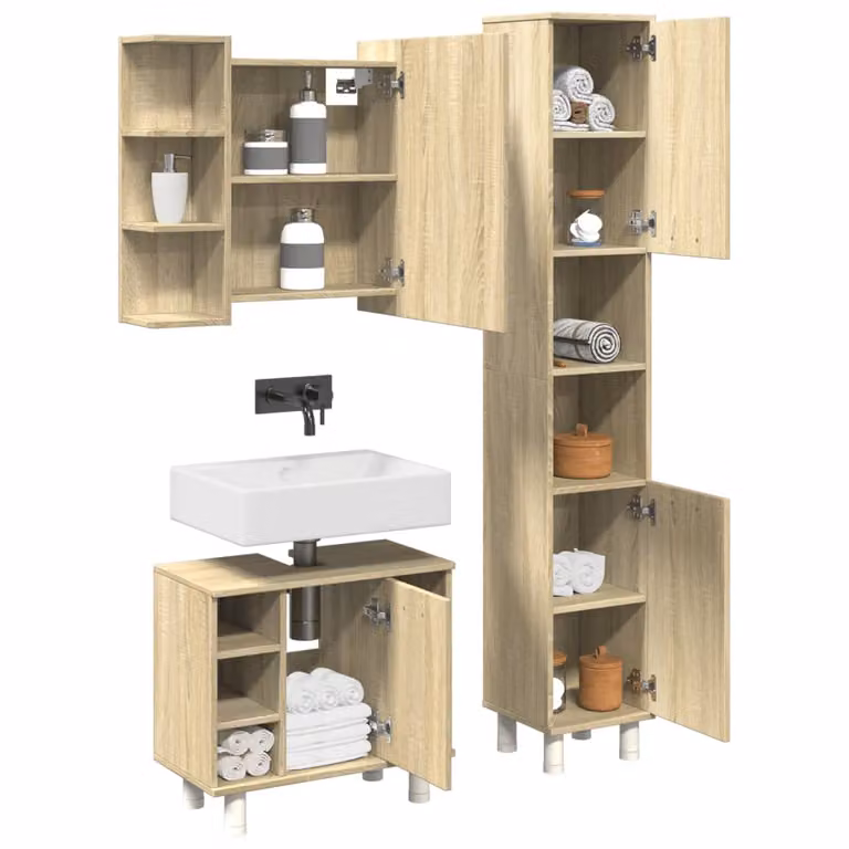 Set di mobili da bagno moderno vidaXL composto da 3 pezzi in legno marrone con armadietto a specchio, pensile e mobile lavabo sospeso